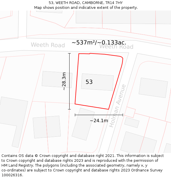 53, WEETH ROAD, CAMBORNE, TR14 7HY: Plot and title map