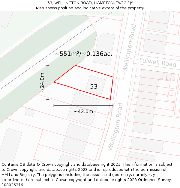 53, WELLINGTON ROAD, HAMPTON, TW12 1JY: Plot and title map