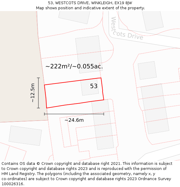 53, WESTCOTS DRIVE, WINKLEIGH, EX19 8JW: Plot and title map