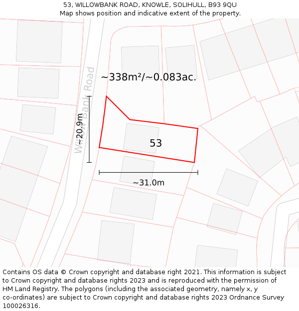 53, WILLOWBANK ROAD, KNOWLE, SOLIHULL, B93 9QU: Plot and title map