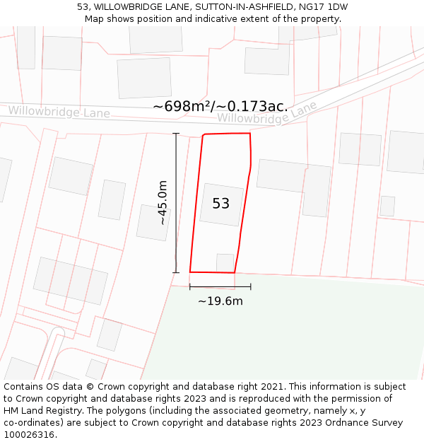 53, WILLOWBRIDGE LANE, SUTTON-IN-ASHFIELD, NG17 1DW: Plot and title map