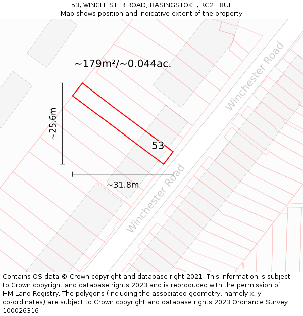 53, WINCHESTER ROAD, BASINGSTOKE, RG21 8UL: Plot and title map