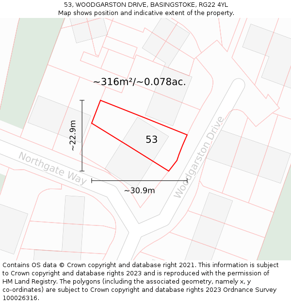53, WOODGARSTON DRIVE, BASINGSTOKE, RG22 4YL: Plot and title map