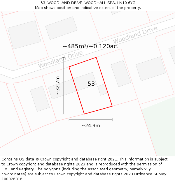 53, WOODLAND DRIVE, WOODHALL SPA, LN10 6YG: Plot and title map