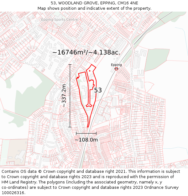 53, WOODLAND GROVE, EPPING, CM16 4NE: Plot and title map