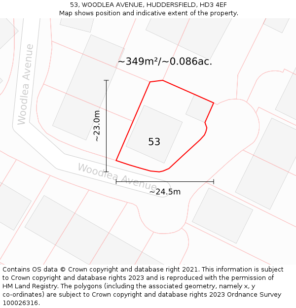 53, WOODLEA AVENUE, HUDDERSFIELD, HD3 4EF: Plot and title map