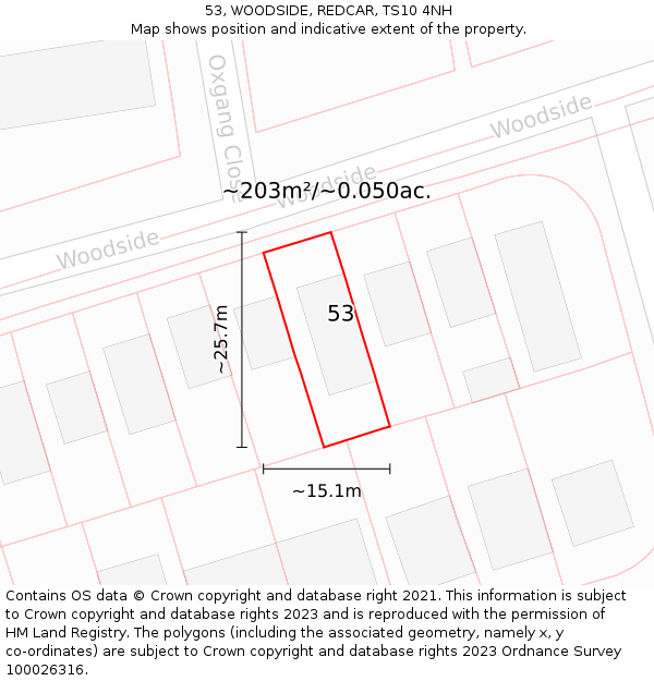 53, WOODSIDE, REDCAR, TS10 4NH: Plot and title map