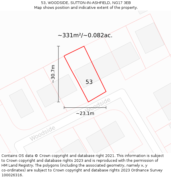 53, WOODSIDE, SUTTON-IN-ASHFIELD, NG17 3EB: Plot and title map