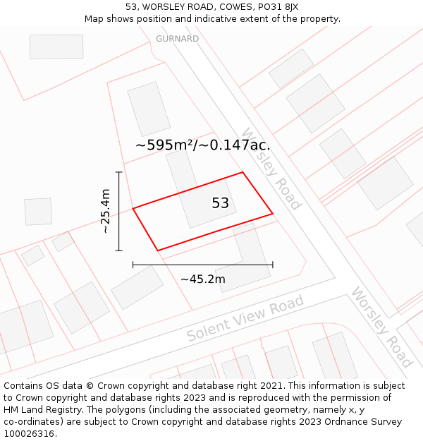 53, WORSLEY ROAD, COWES, PO31 8JX: Plot and title map