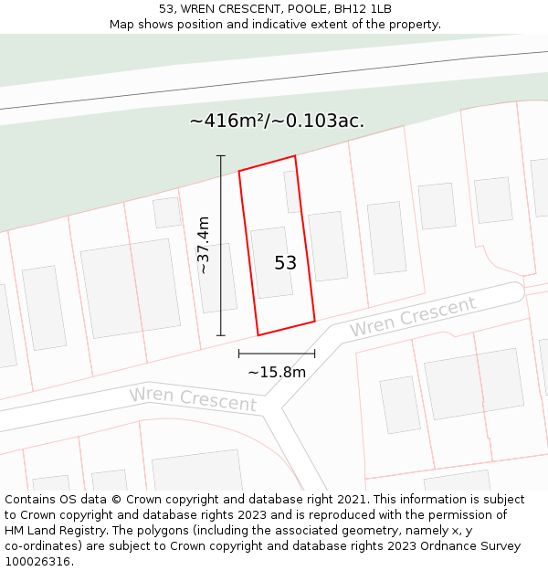 53, WREN CRESCENT, POOLE, BH12 1LB: Plot and title map