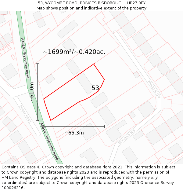 53, WYCOMBE ROAD, PRINCES RISBOROUGH, HP27 0EY: Plot and title map