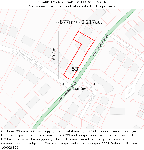 53, YARDLEY PARK ROAD, TONBRIDGE, TN9 1NB: Plot and title map