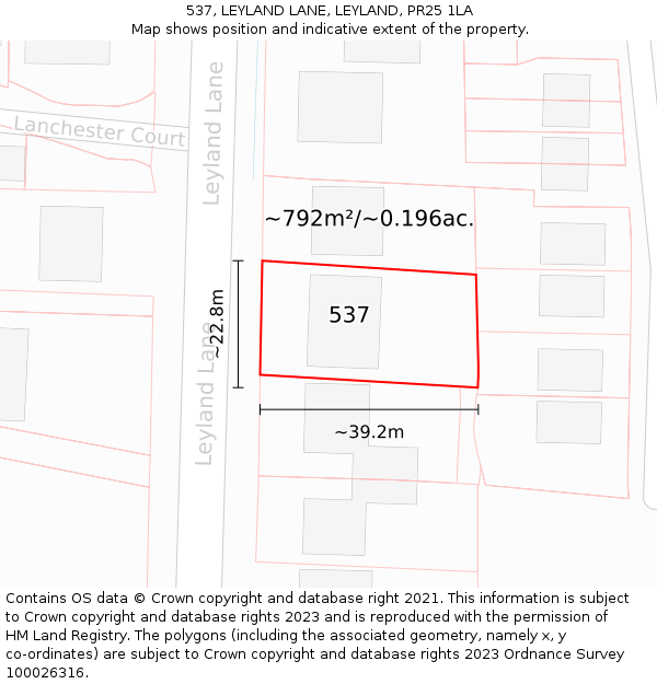 537, LEYLAND LANE, LEYLAND, PR25 1LA: Plot and title map