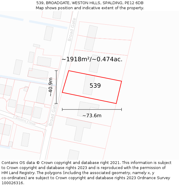 539, BROADGATE, WESTON HILLS, SPALDING, PE12 6DB: Plot and title map