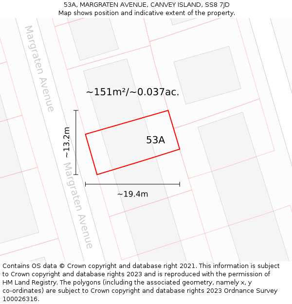 53A, MARGRATEN AVENUE, CANVEY ISLAND, SS8 7JD: Plot and title map