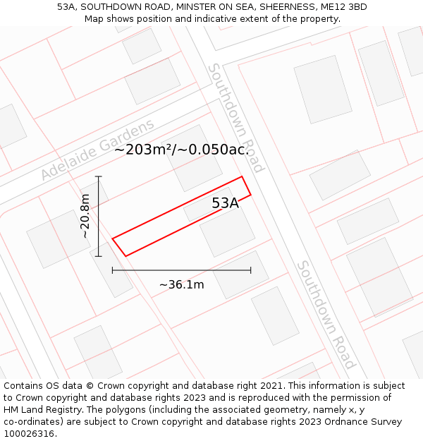 53A, SOUTHDOWN ROAD, MINSTER ON SEA, SHEERNESS, ME12 3BD: Plot and title map