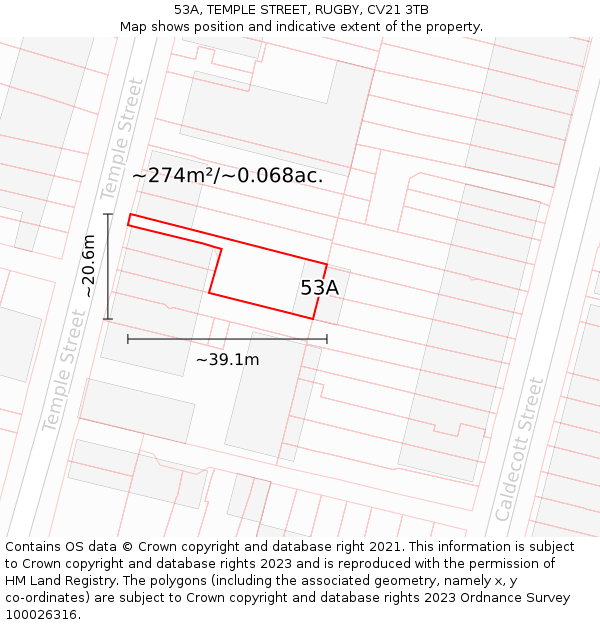 53A, TEMPLE STREET, RUGBY, CV21 3TB: Plot and title map