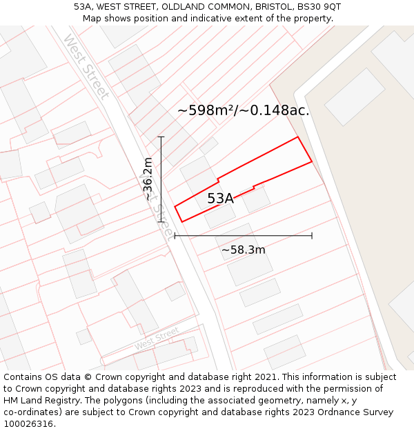 53A, WEST STREET, OLDLAND COMMON, BRISTOL, BS30 9QT: Plot and title map