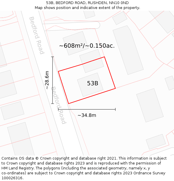 53B, BEDFORD ROAD, RUSHDEN, NN10 0ND: Plot and title map