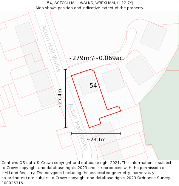 54, ACTON HALL WALKS, WREXHAM, LL12 7YJ: Plot and title map