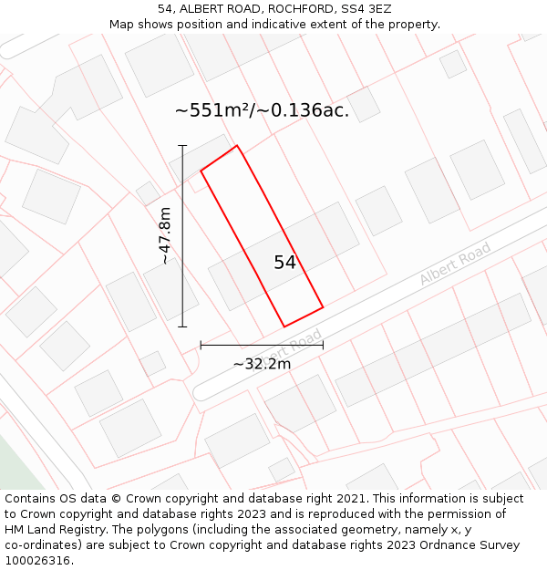 54, ALBERT ROAD, ROCHFORD, SS4 3EZ: Plot and title map