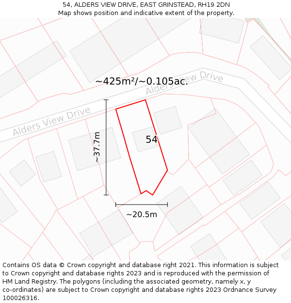 54, ALDERS VIEW DRIVE, EAST GRINSTEAD, RH19 2DN: Plot and title map