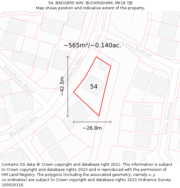 54, BADGERS WAY, BUCKINGHAM, MK18 7JB: Plot and title map