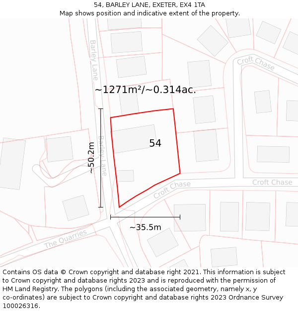 54, BARLEY LANE, EXETER, EX4 1TA: Plot and title map