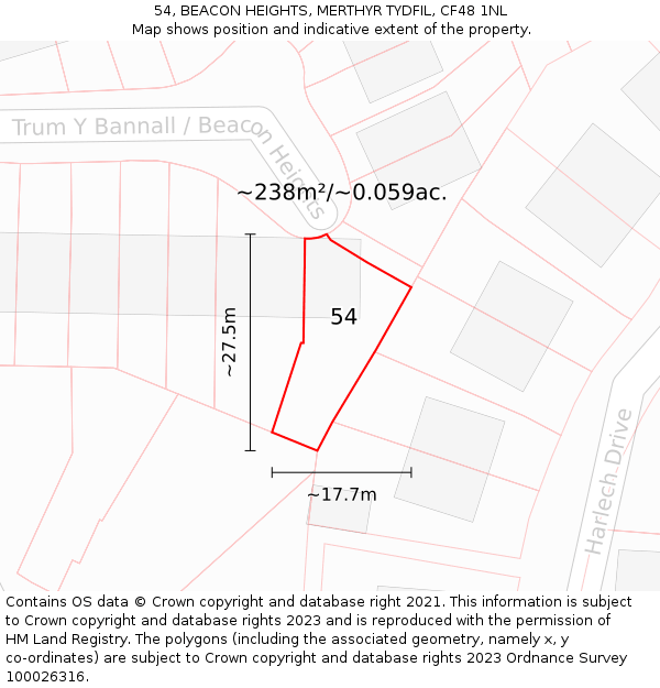 54, BEACON HEIGHTS, MERTHYR TYDFIL, CF48 1NL: Plot and title map