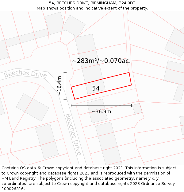 54, BEECHES DRIVE, BIRMINGHAM, B24 0DT: Plot and title map