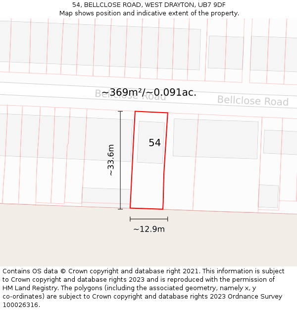 54, BELLCLOSE ROAD, WEST DRAYTON, UB7 9DF: Plot and title map