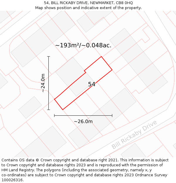 54, BILL RICKABY DRIVE, NEWMARKET, CB8 0HQ: Plot and title map