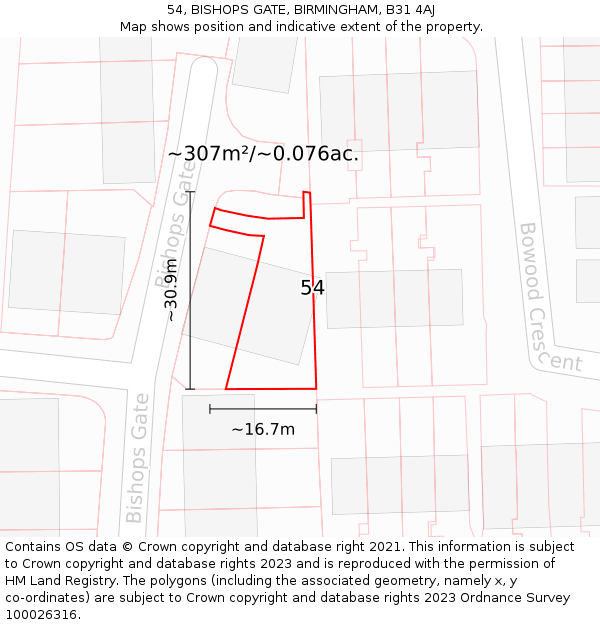 54, BISHOPS GATE, BIRMINGHAM, B31 4AJ: Plot and title map