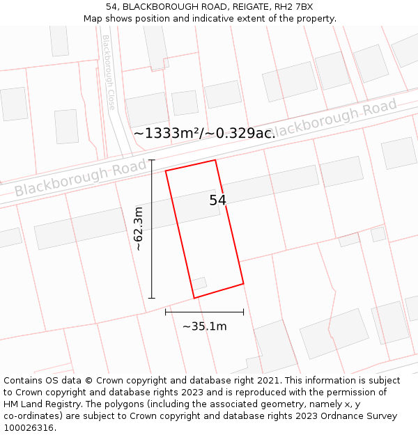 54, BLACKBOROUGH ROAD, REIGATE, RH2 7BX: Plot and title map