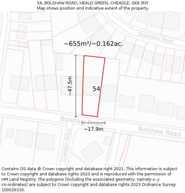 54, BOLSHAW ROAD, HEALD GREEN, CHEADLE, SK8 3NY: Plot and title map