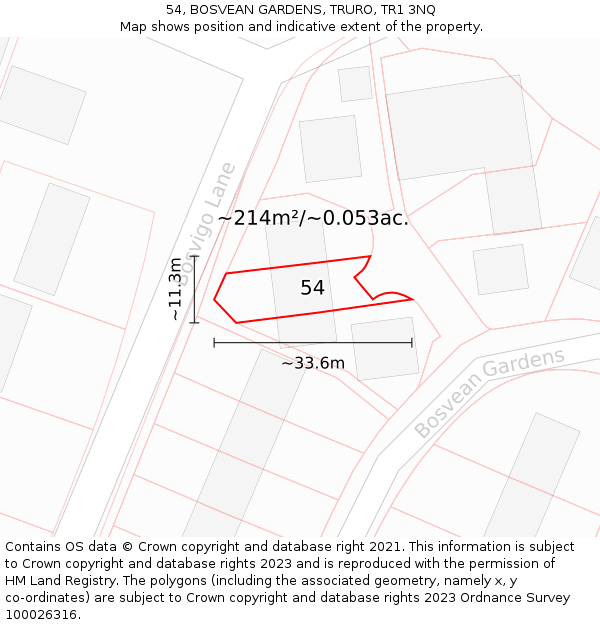 54, BOSVEAN GARDENS, TRURO, TR1 3NQ: Plot and title map