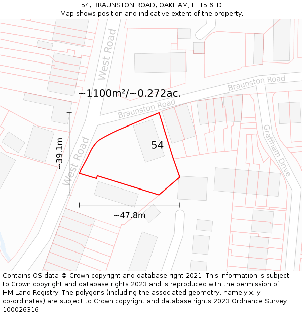 54, BRAUNSTON ROAD, OAKHAM, LE15 6LD: Plot and title map