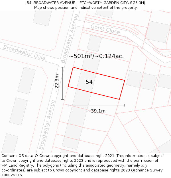 54, BROADWATER AVENUE, LETCHWORTH GARDEN CITY, SG6 3HJ: Plot and title map