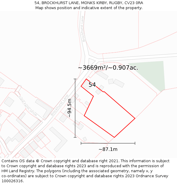 54, BROCKHURST LANE, MONKS KIRBY, RUGBY, CV23 0RA: Plot and title map