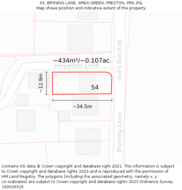 54, BRYNING LANE, WREA GREEN, PRESTON, PR4 2NL: Plot and title map