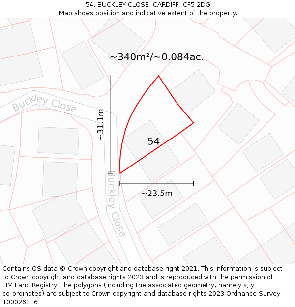 54, BUCKLEY CLOSE, CARDIFF, CF5 2DG: Plot and title map