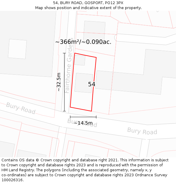 54, BURY ROAD, GOSPORT, PO12 3PX: Plot and title map