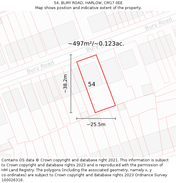 54, BURY ROAD, HARLOW, CM17 0EE: Plot and title map