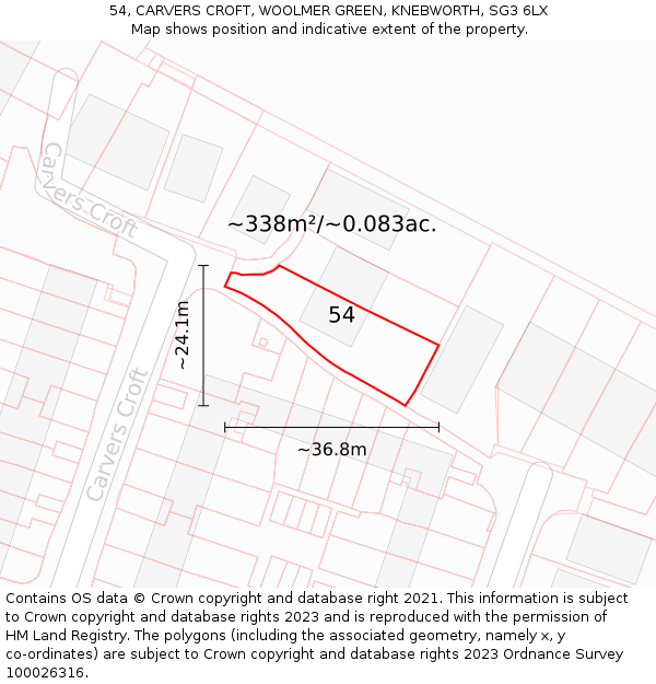 54, CARVERS CROFT, WOOLMER GREEN, KNEBWORTH, SG3 6LX: Plot and title map