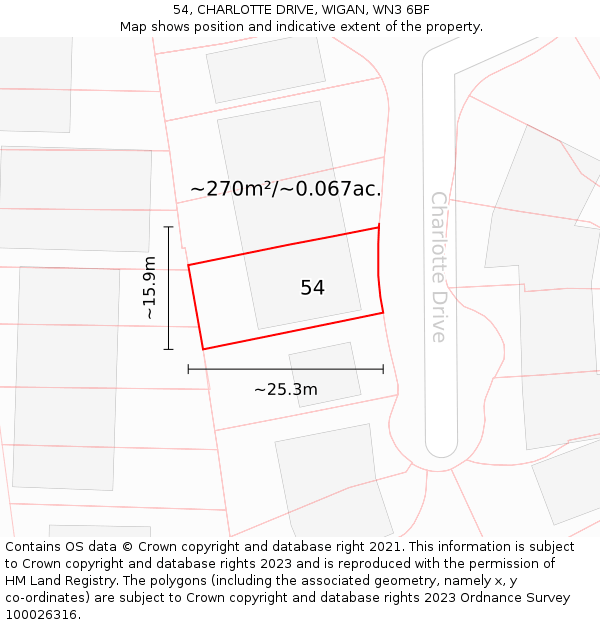 54, CHARLOTTE DRIVE, WIGAN, WN3 6BF: Plot and title map