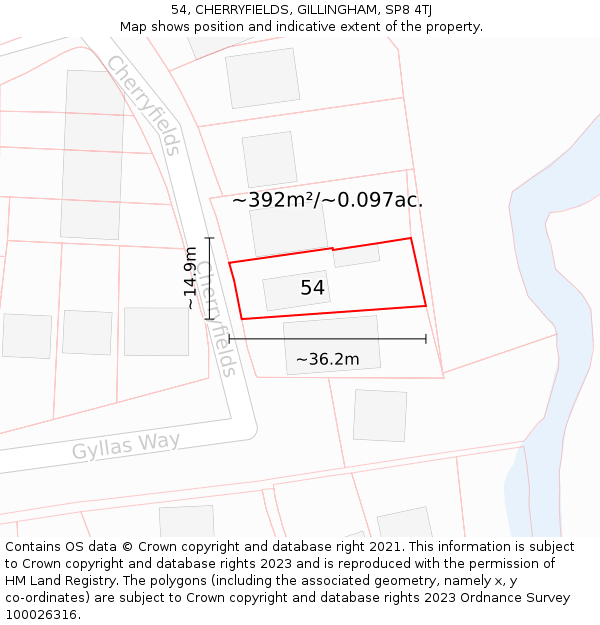 54, CHERRYFIELDS, GILLINGHAM, SP8 4TJ: Plot and title map