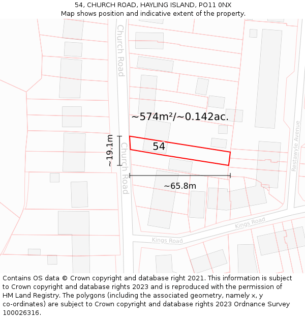 54, CHURCH ROAD, HAYLING ISLAND, PO11 0NX: Plot and title map