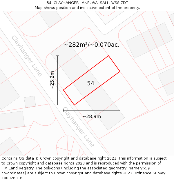 54, CLAYHANGER LANE, WALSALL, WS8 7DT: Plot and title map