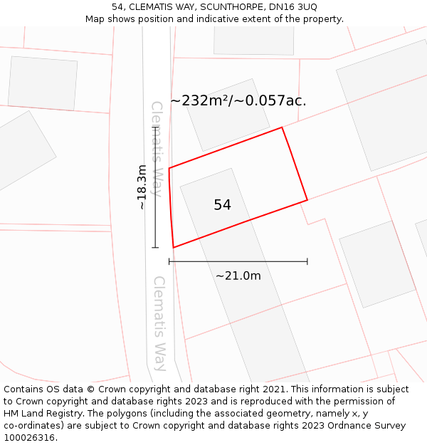 54, CLEMATIS WAY, SCUNTHORPE, DN16 3UQ: Plot and title map