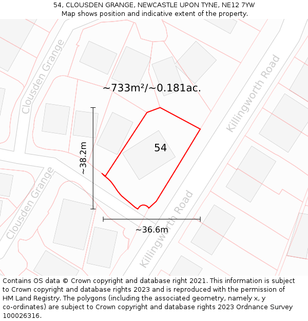 54, CLOUSDEN GRANGE, NEWCASTLE UPON TYNE, NE12 7YW: Plot and title map